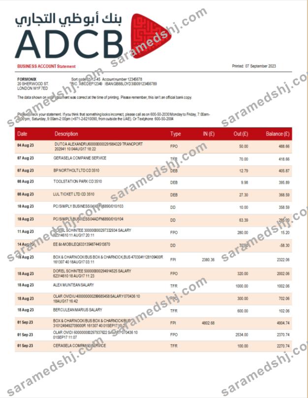 ADCB Bank company statement Word and PDF template